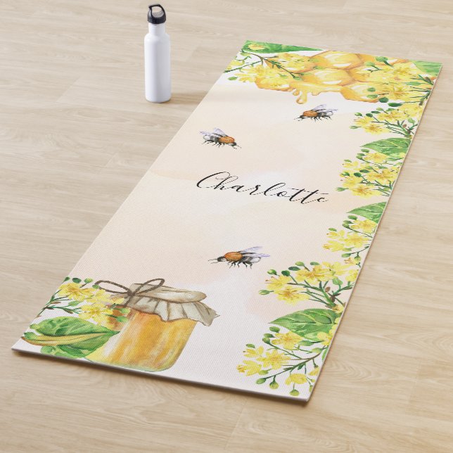 Bumble bees honey yellow florals family monogram yoga mat (In Situ)
