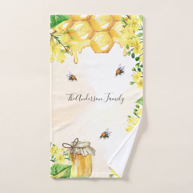 Bumble bees honey yellow florals monogram hand towel (Hand Towel)