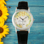 Bumble bees honey yellow florals monogram name  watch<br><div class="desc">Cute bumble bees,  yellow florals,  and dripping honey from honeycomb. Personalise and add your name. Golden numbers.  This clock is also available in our store with black numbers.</div>