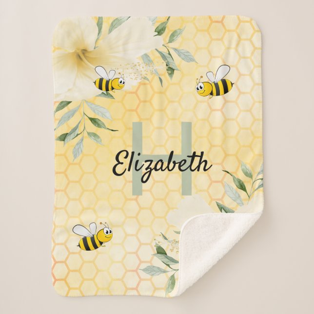 Bumble bees honeycomb florals tropical monogram sherpa blanket (Front)