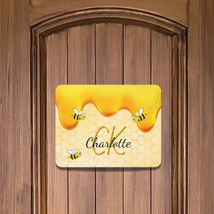 Bumble bees honeycomb honey dripping monogram door sign