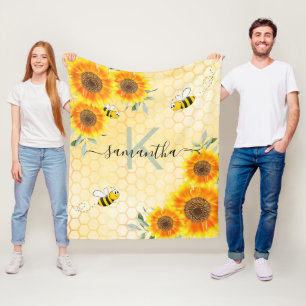 Bumble bees sunflowers yellow honeycomb monogram fleece blanket