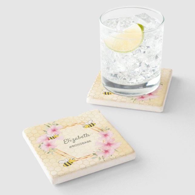 Bumble bees yellow honeycomb floral fun humour stone coaster (Side)