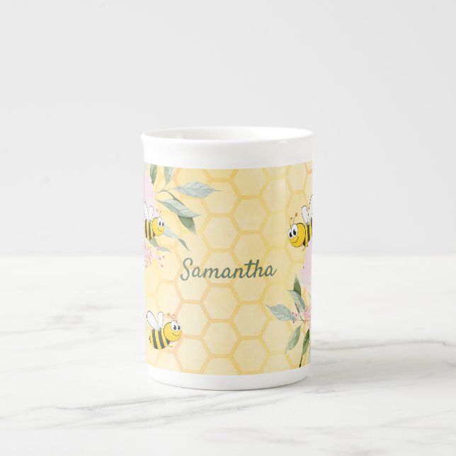 Bumble bees yellow honeycomb floral name bone china mug (Front)