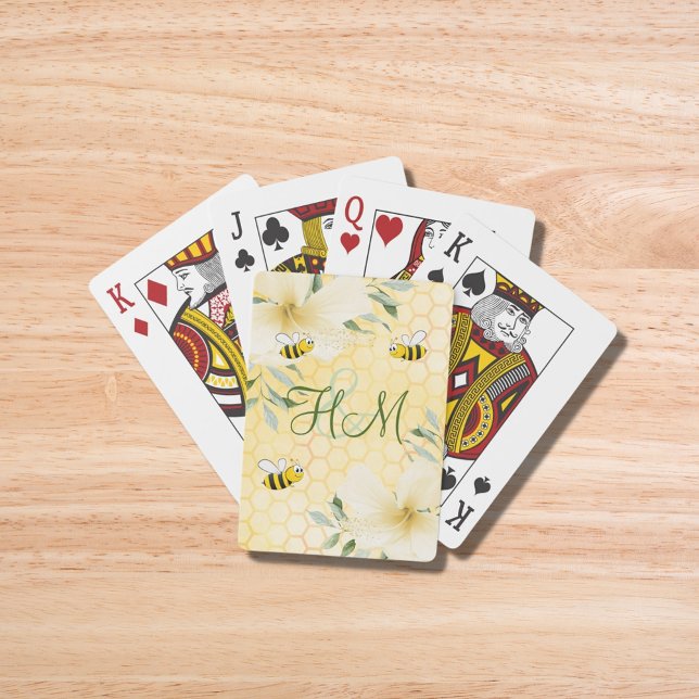 Bumble bees yellow honeycomb flowers monogram playing cards (Creator Uploaded)