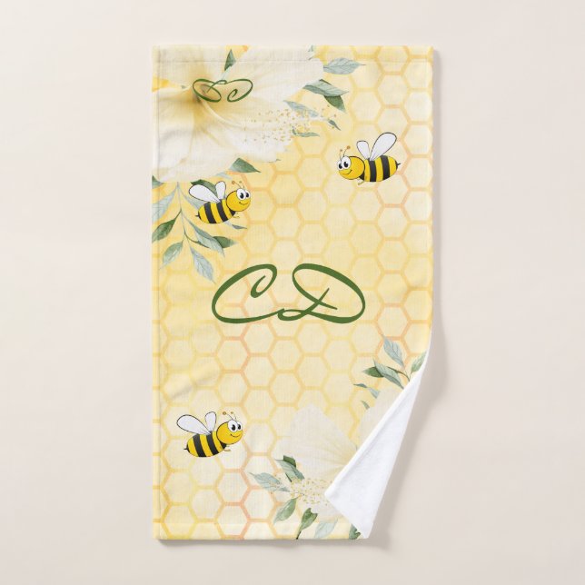 Bumble bees yellow sweet honeycomb monogram hand towel (Hand Towel)