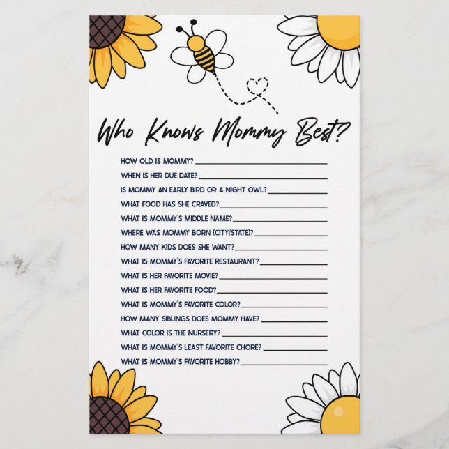 Bumble Honey Bee Who Knows Mummy Baby Shower Game Stationery (Front)