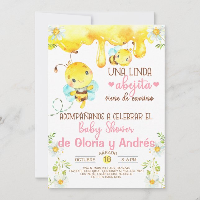 Bumblebee abejita baby shower invitation, Spanish. Invitation (Front)