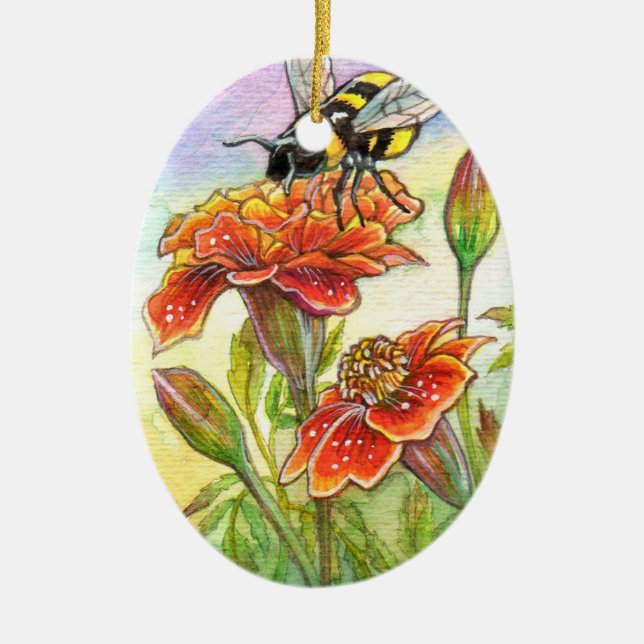 Bumblebee And Marigold, Iris Ceramic Tree Decoration (Front)