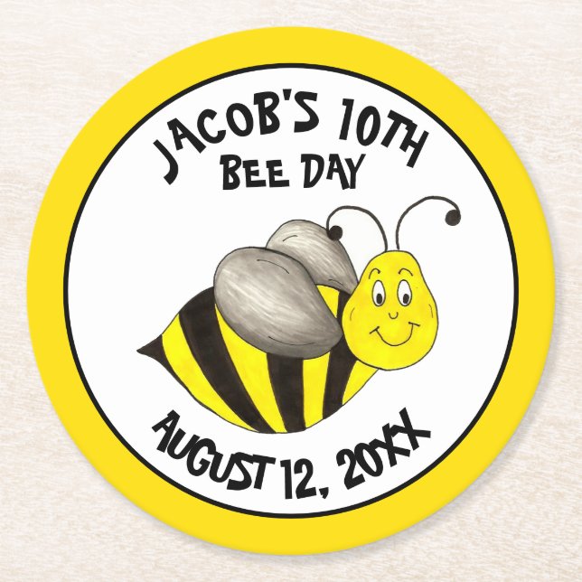 Bumblebee Bee-Day Personalised Birthday Party Round Paper Coaster (Front)
