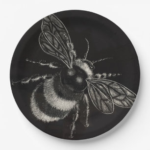 Bumblebee Black and white Motif Flits Across Paper Plate