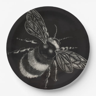 Bumblebee Black and white Motif Flits Across Paper Plate