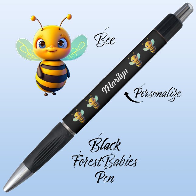 Bumblebee, Bumble Bee School Stationery Black Ink (Cute Whimsical Bee Cartoon Graphic, Black Personalizable ForestBabies Pen 🐝)