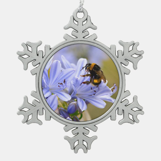 Bumblebee feeding on flower snowflake pewter christmas ornament (Front)