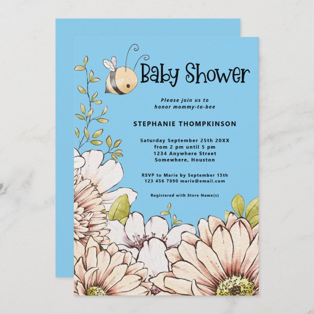 Bumblebee Florals Baby Blue Shower Invitation (Front/Back)