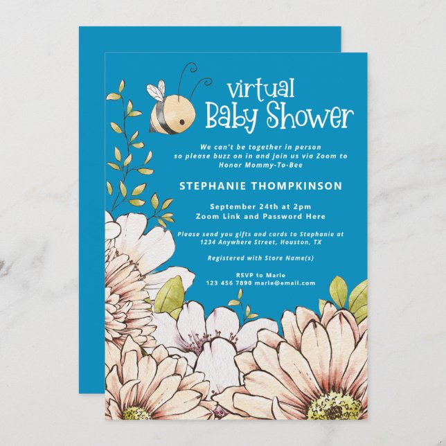 Bumblebee Florals Blue Virtual Baby Shower Invitation (Front/Back)