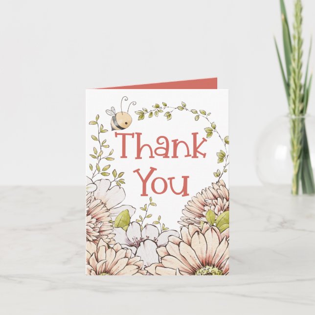 Bumblebee Florals Coral Baby Shower Thank You Card (Front)