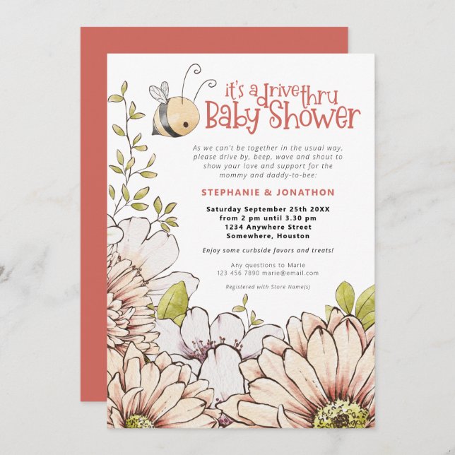 Bumblebee Florals Coral Drive Thru Baby Shower Invitation (Front/Back)