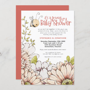 Bumblebee Florals Coral Drive Thru Baby Shower Invitation