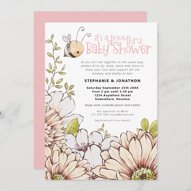 Bumblebee Florals Drive Thru Baby Pink Shower Invitation (Front/Back)
