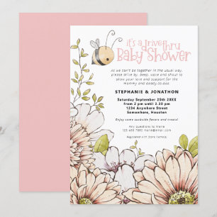 Bumblebee Florals Drive Thru Baby Pink Shower Invitation