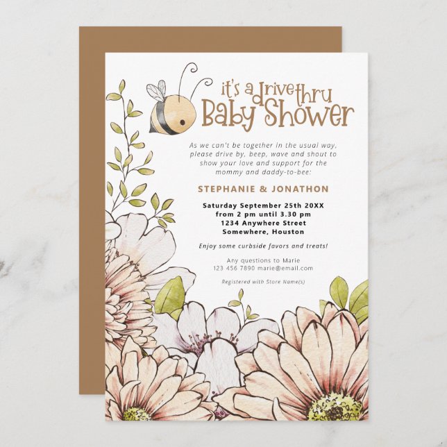 Bumblebee Florals Gold Drive Thru Baby Shower Invitation (Front/Back)