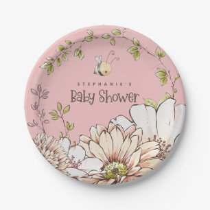 Bumblebee Florals Name Baby Pink Shower Paper Plate