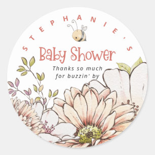 Bumblebee Florals Name Thank You Coral Baby Shower Classic Round Sticker