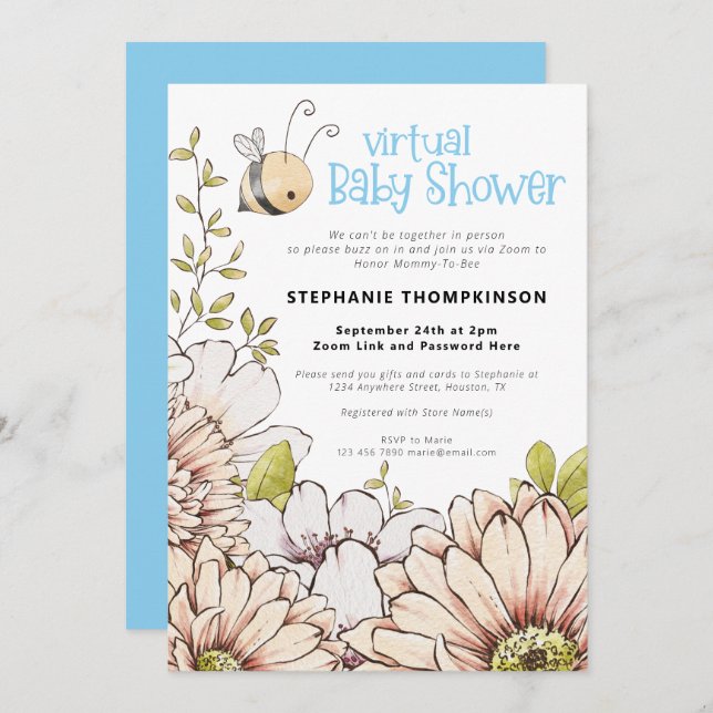 Bumblebee Florals Virtual Baby Blue Shower Invitation (Front/Back)