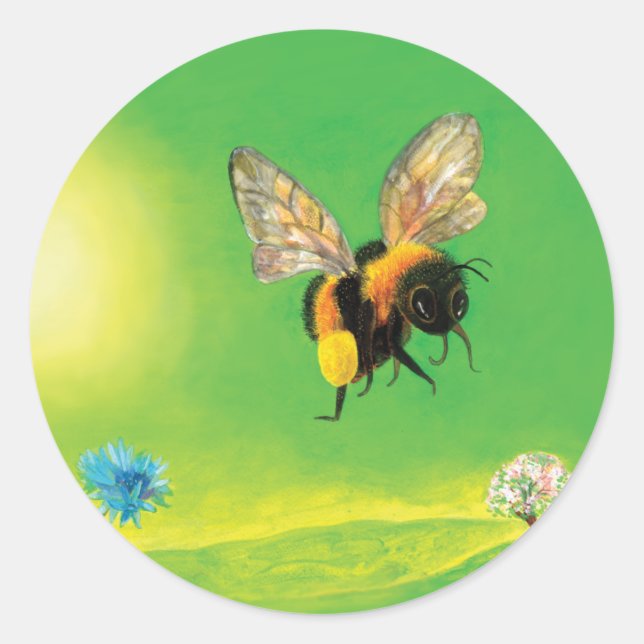 Bumblebee Flying over the Meadow  Classic Round Sticker (Front)