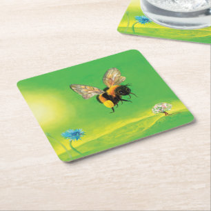 Bumblebee Flying over the Meadow   Square Paper Coaster