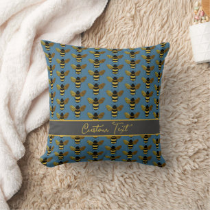 BUMBLEBEE GOLD BLACK BEE REPEATING PATTERN BLUE CUSHION