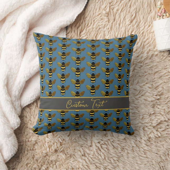 BUMBLEBEE GOLD BLACK BEE REPEATING PATTERN BLUE CUSHION (Blanket)