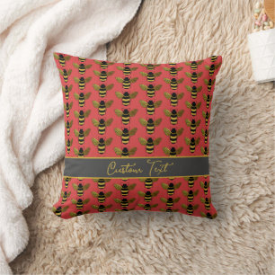 BUMBLEBEE GOLD BLACK BEE REPEATING PATTERN RED CUSHION