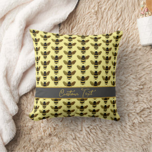 BUMBLEBEE GOLD BLACK BEE REPEATING PATTERN YELLOW CUSHION