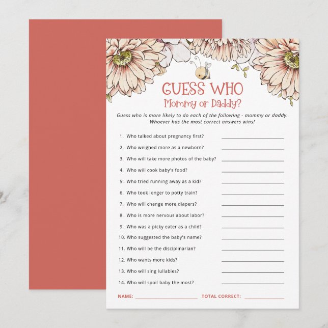 Bumblebee Guess Who Mum or Dad Baby Shower Game Thank You Card (Front/Back)