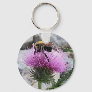 Bumblebee Harvesting a Purple Thristle Flower Key Ring
