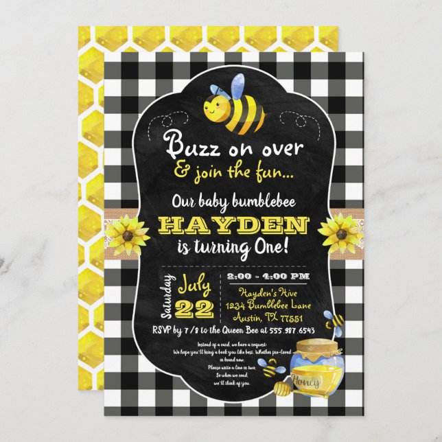 Bumblebee Honey Comb Sweet Baby First Birthday Invitation (Front/Back)