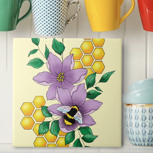 Bumblebee Lavender Flowers Yellow Ceramic Tile (Creator Uploaded)