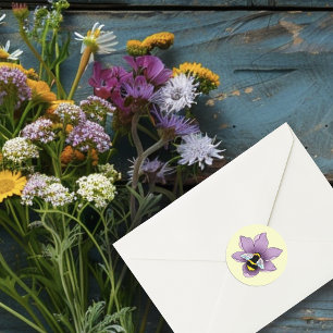 Bumblebee Lavender Flowers Yellow Classic Round Sticker