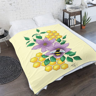 Bumblebee Lavender Flowers Yellow Fleece Blanket