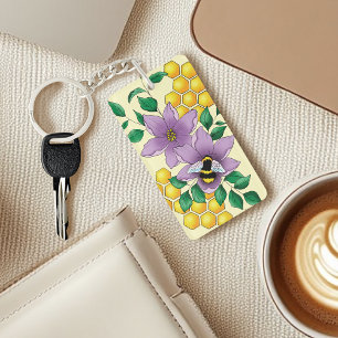 Bumblebee Lavender Flowers Yellow Key Ring