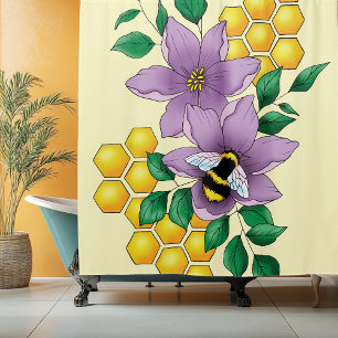 Bumblebee Lavender Flowers Yellow Shower Curtain
