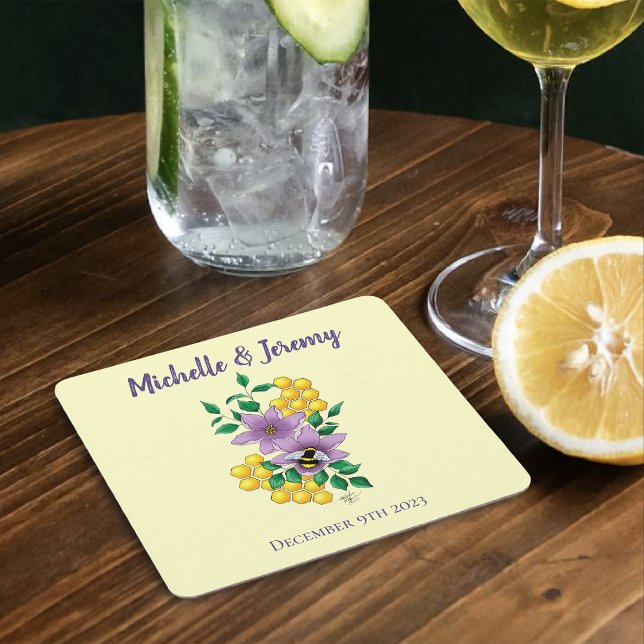 Bumblebee Lavender Flowers Yellow Square Paper Coaster (Creator Uploaded)