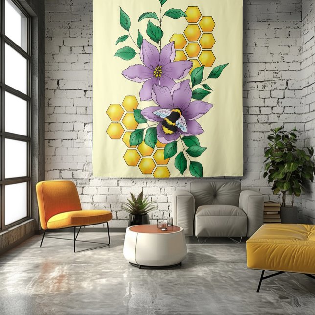 Bumblebee Lavender Flowers Yellow Tapestry (Creator Uploaded)