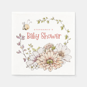Bumblebee Name Florals Coral Text Baby Shower Napkin