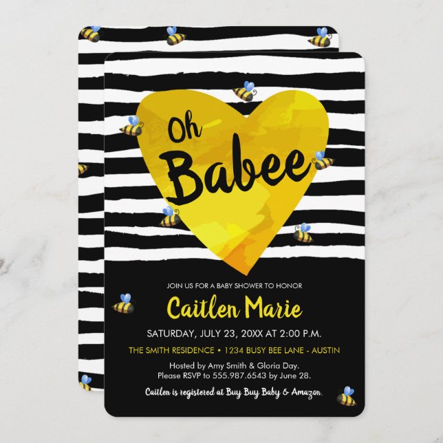 Bumblebee Oh Babee Yellow Black White Baby Shower Invitation (Front/Back)