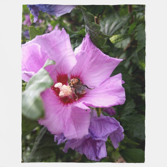 Bumblebee on Hibiscus Flower Fleece Blanket (Front)