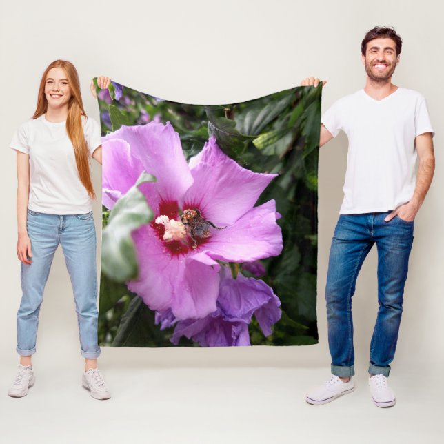 Bumblebee on Hibiscus Flower Fleece Blanket (In Situ)