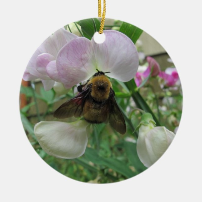 Bumblebee on Sweet Pea Ceramic Ornament (Front)